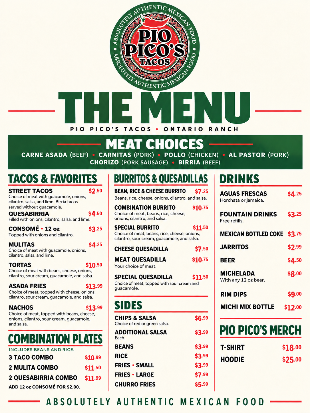 Pio Pico's Tacos full menu. All items and prices are also available in the text menu below.