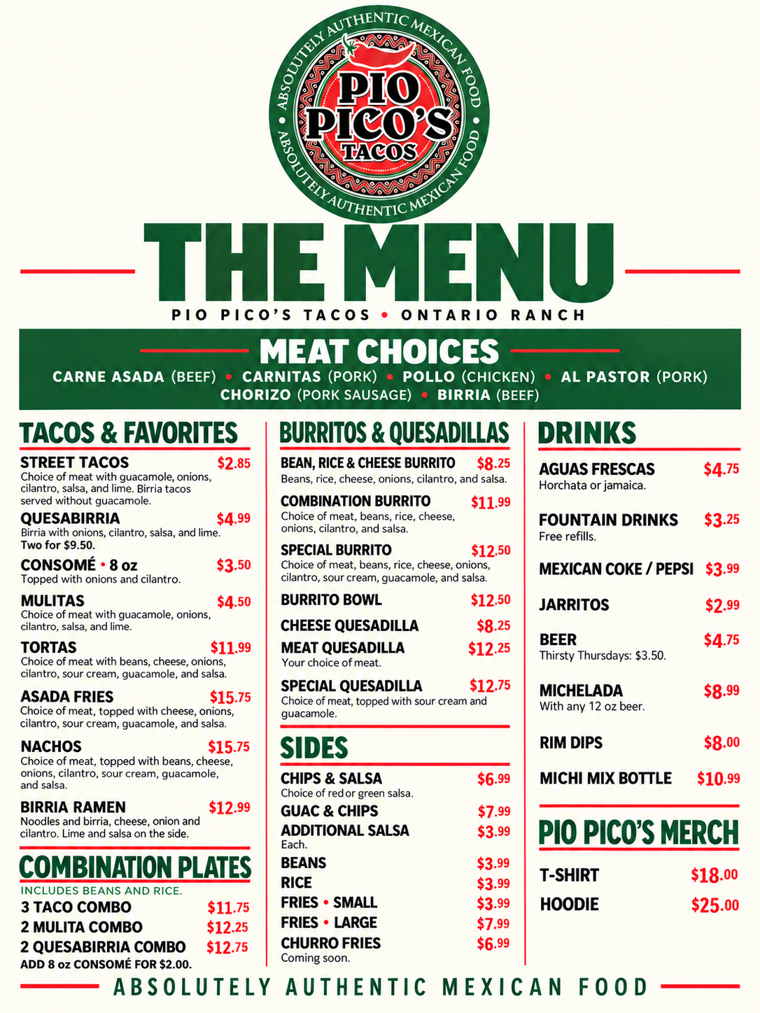 Pio Pico's Tacos printable menu with corrected prices. All items and prices are also available in the text menu below.
